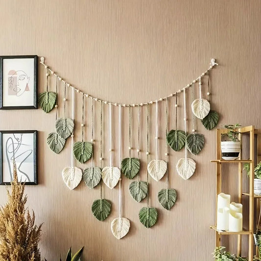 Boho Macrame Wall Hanging with Green Leaves and Feathers