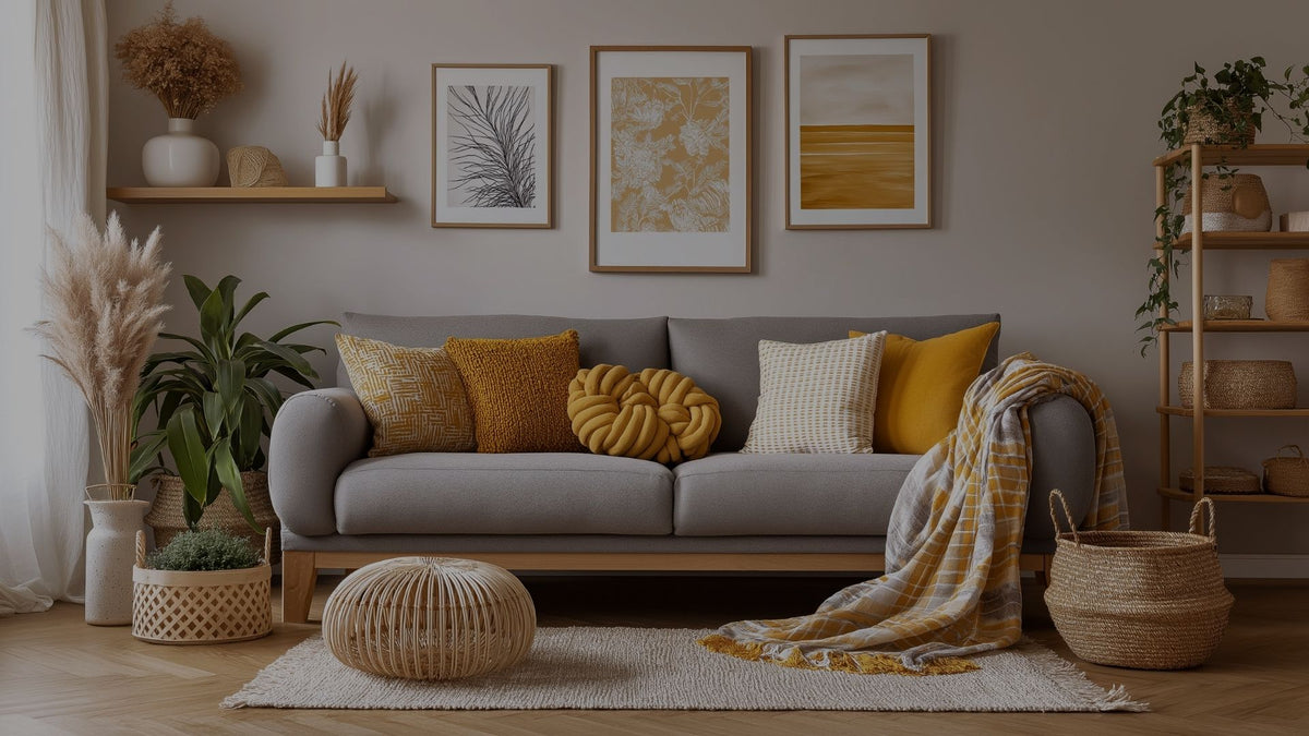 A styled living room scene featuring a gray fabric sofa with mustard yellow, cream, and textured knit pillows, a yellow-and-white throw blanket, a woven pouf, and framed abstract wall art above.