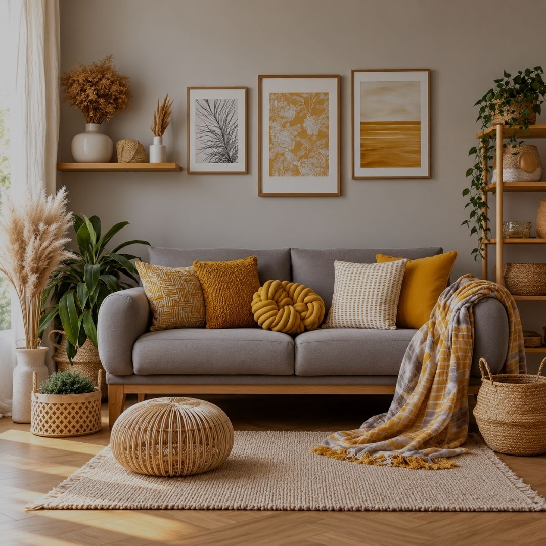 A styled living room scene featuring a gray fabric sofa with mustard yellow, cream, and olive throw pillows, a yellow knit pillow, and a yellow-and-gray plaid throw blanket draped over the arm. The room includes a gray wall with three framed art prints, wooden shelves, pampas grass, a wooden floor rug, and a round woven ottoman.