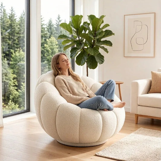 Cream Lamb Wool Plush Pumpkin Sofa Chair for Relaxation