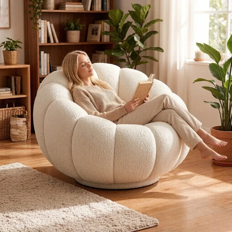Cream Lamb Wool Plush Pumpkin Sofa Chair for Relaxation