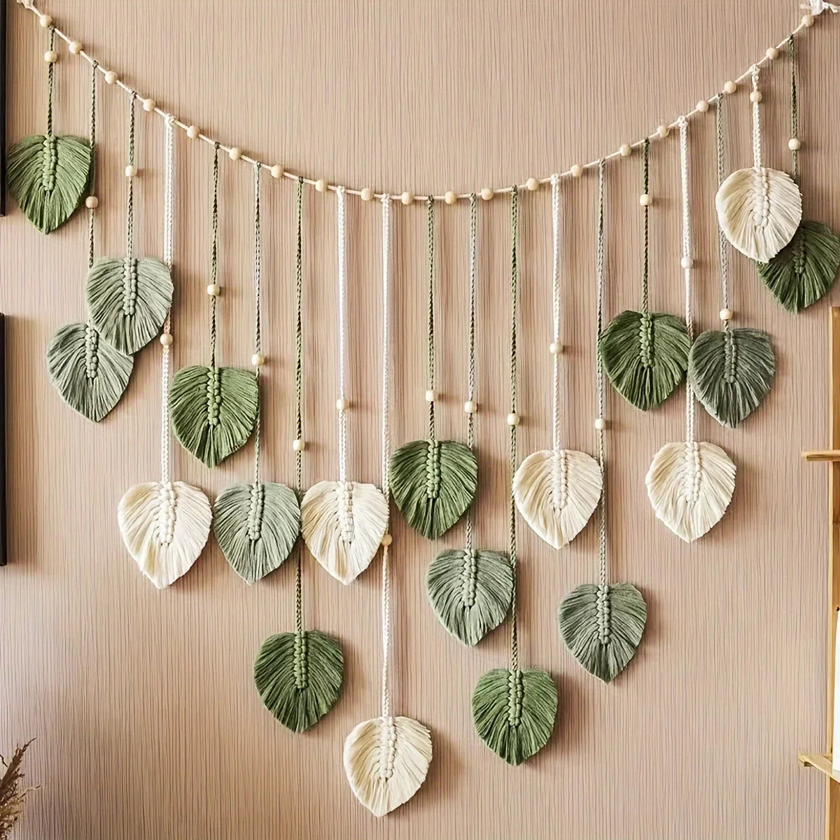 Boho Macrame Wall Hanging with Green Leaves and Feathers