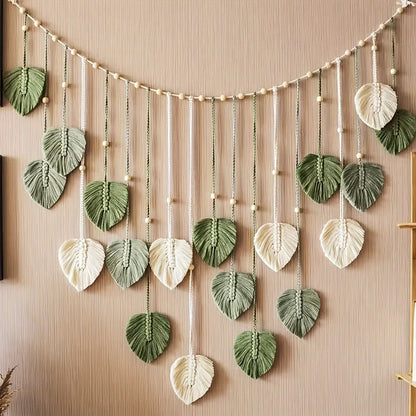 Boho Macrame Wall Hanging with Green Leaves and Feathers