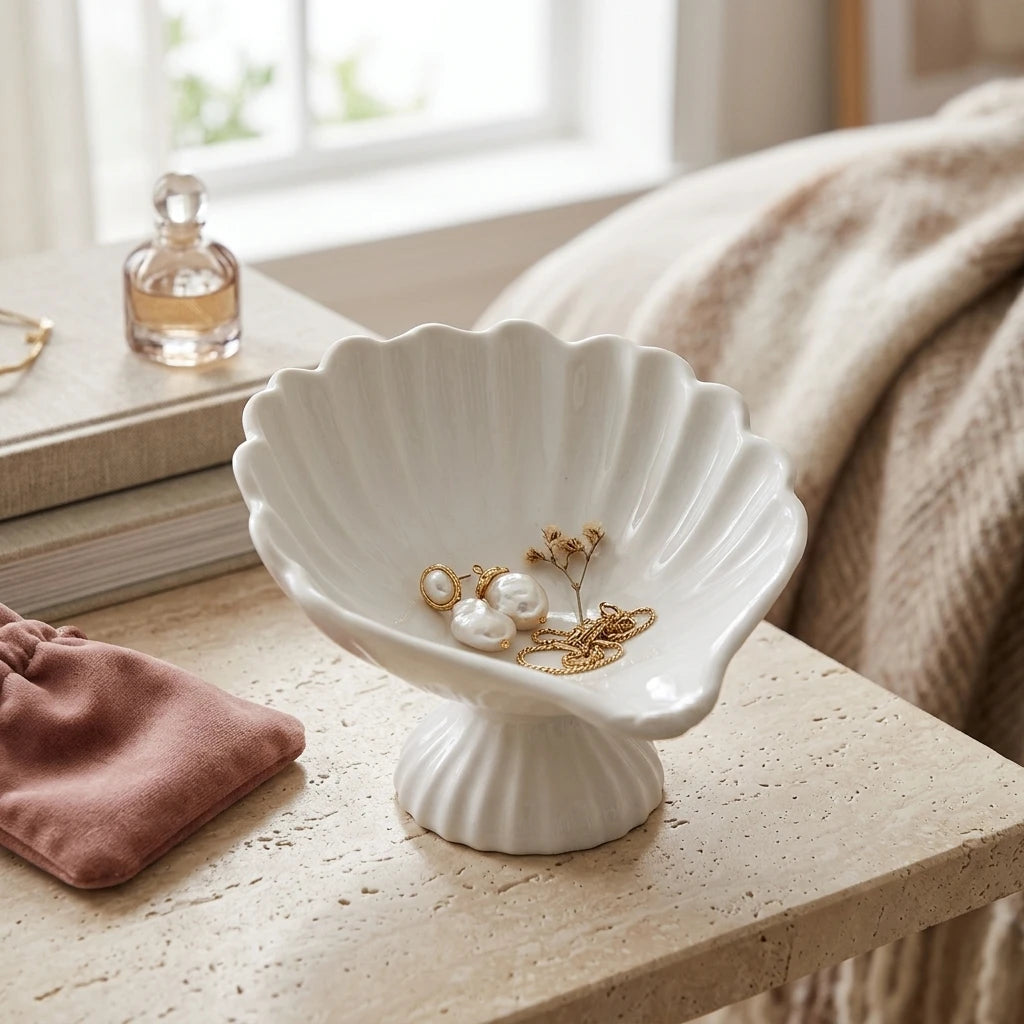 Shell-Shaped Ceramic Jewelry Dish for Rings and Trinkets