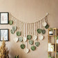 Boho Macrame Wall Hanging with Green Leaves and Feathers