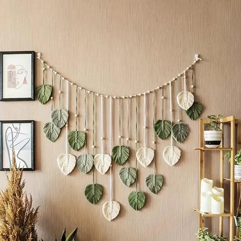 Boho Macrame Wall Hanging with Green Leaves and Feathers