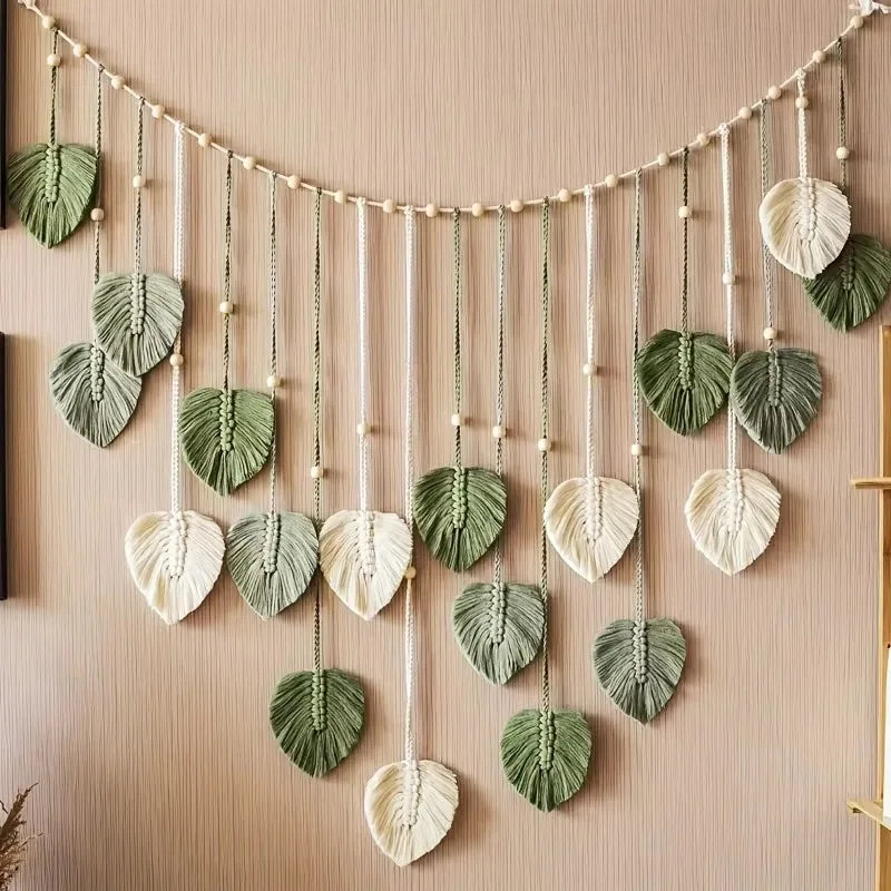 Boho Macrame Wall Hanging with Green Leaves and Feathers