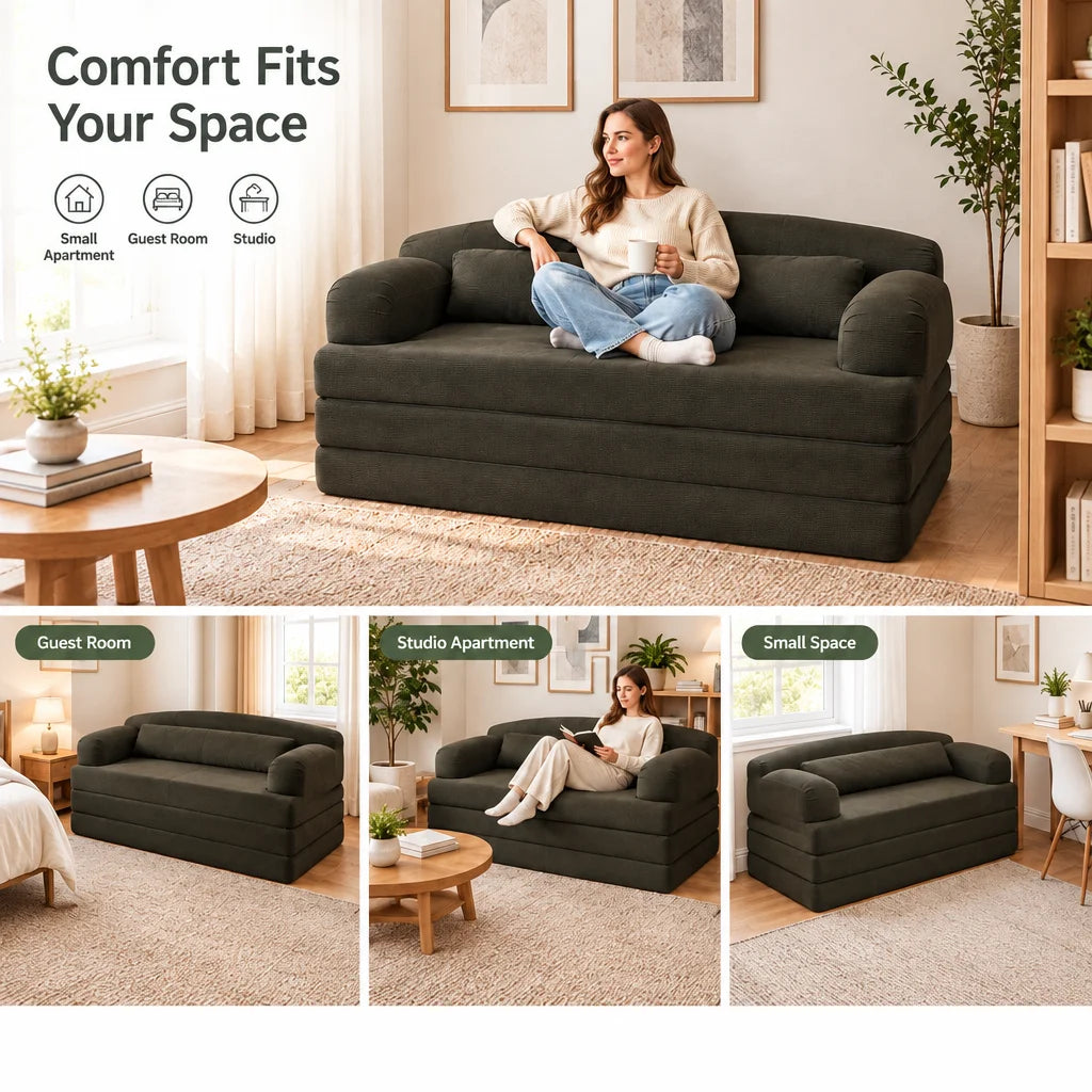 Foldable Corduroy Sofa Bed with Removable Cover