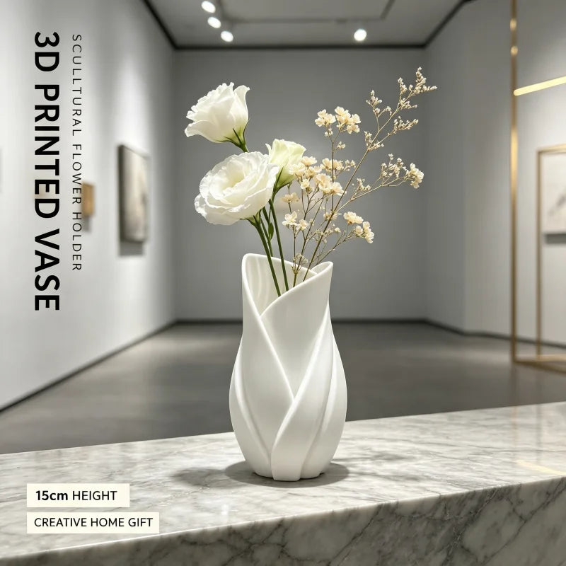 Petal-Shaped Matte White Decorative Vase with Curved Design