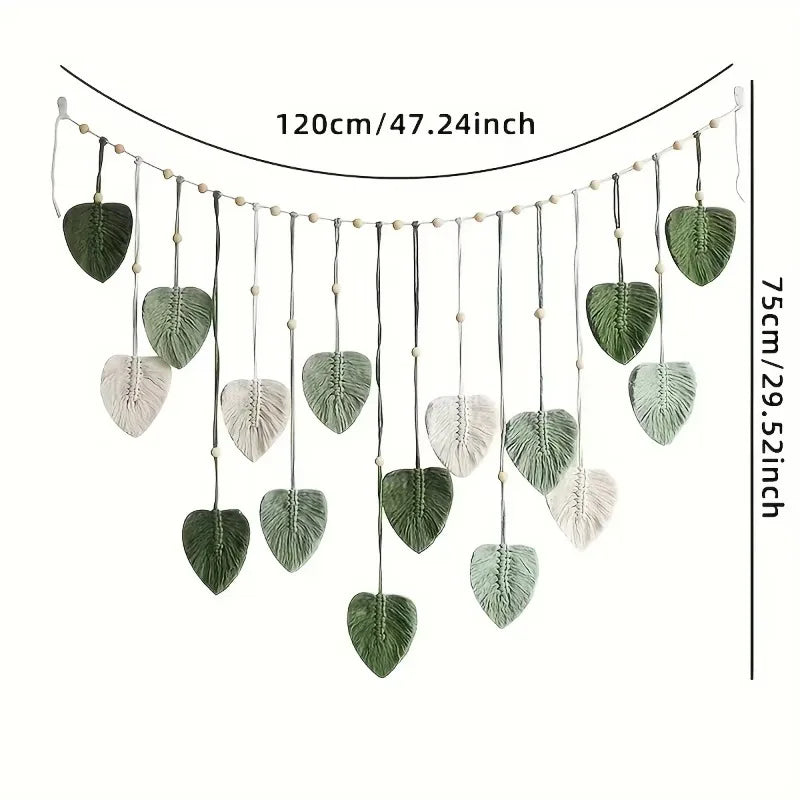 Boho Macrame Wall Hanging with Green Leaves and Feathers