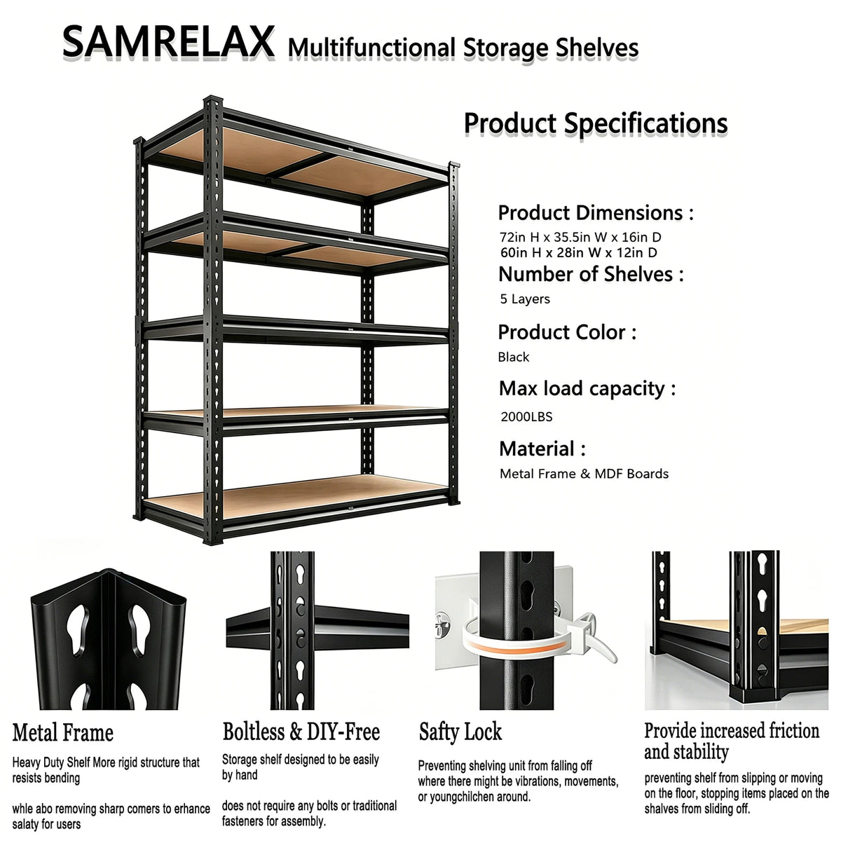 2000 lb Capacity Adjustable 5-Tier Heavy-Duty Garage Shelving