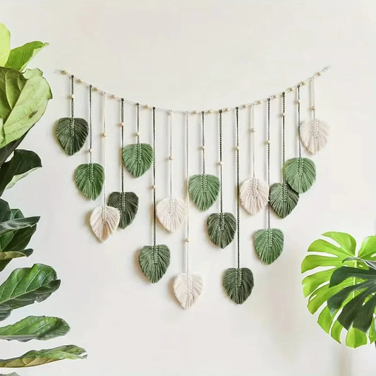Boho Macrame Wall Hanging with Green Leaves and Feathers