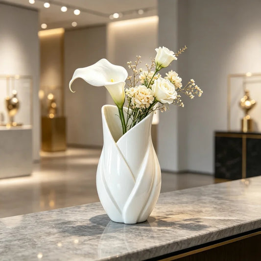 Petal-Shaped Matte White Decorative Vase with Curved Design
