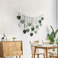 Boho Macrame Wall Hanging with Green Leaves and Feathers