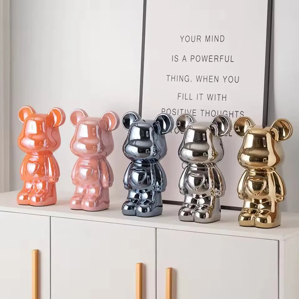 European Electroplated Ceramic Bear Figurine for Home Decor