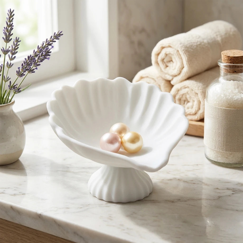 Shell-Shaped Ceramic Jewelry Dish for Rings and Trinkets