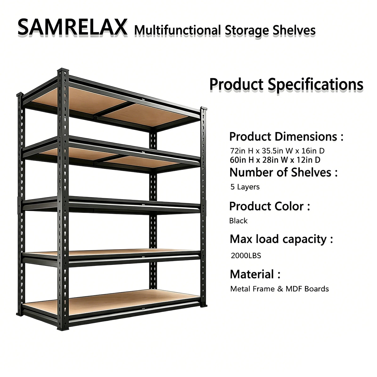 2000 lb Capacity Adjustable 5-Tier Heavy-Duty Garage Shelving