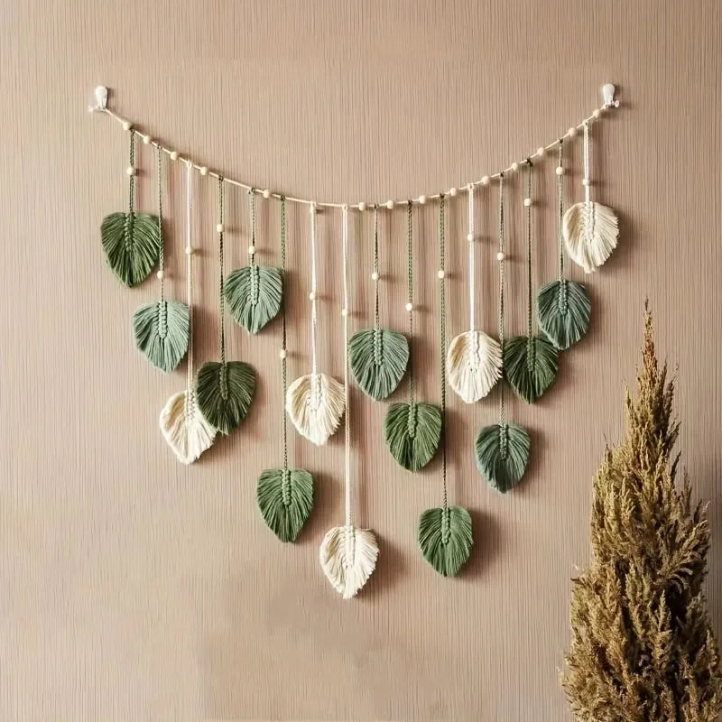 Boho Macrame Wall Hanging with Green Leaves and Feathers