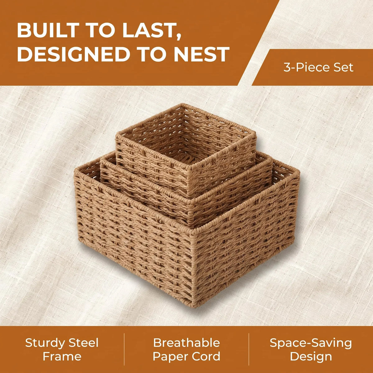 3-Piece Paper Rope Woven Storage Basket Set