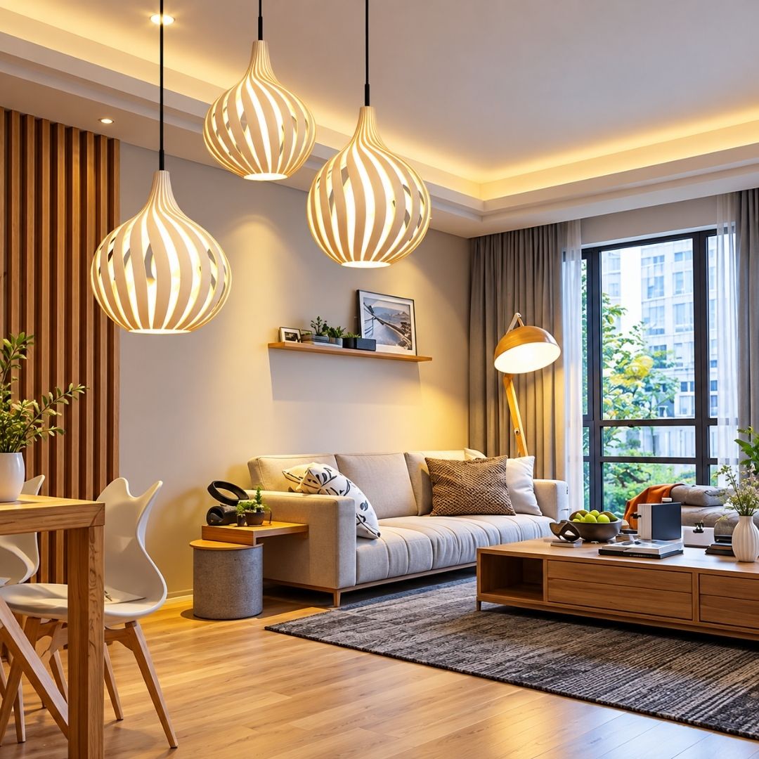 Three modern teardrop-shaped pendant lights with a warm white and beige slatted wood design hang over a living room setup with a beige sofa, wooden coffee table, and warm ambient lighting.