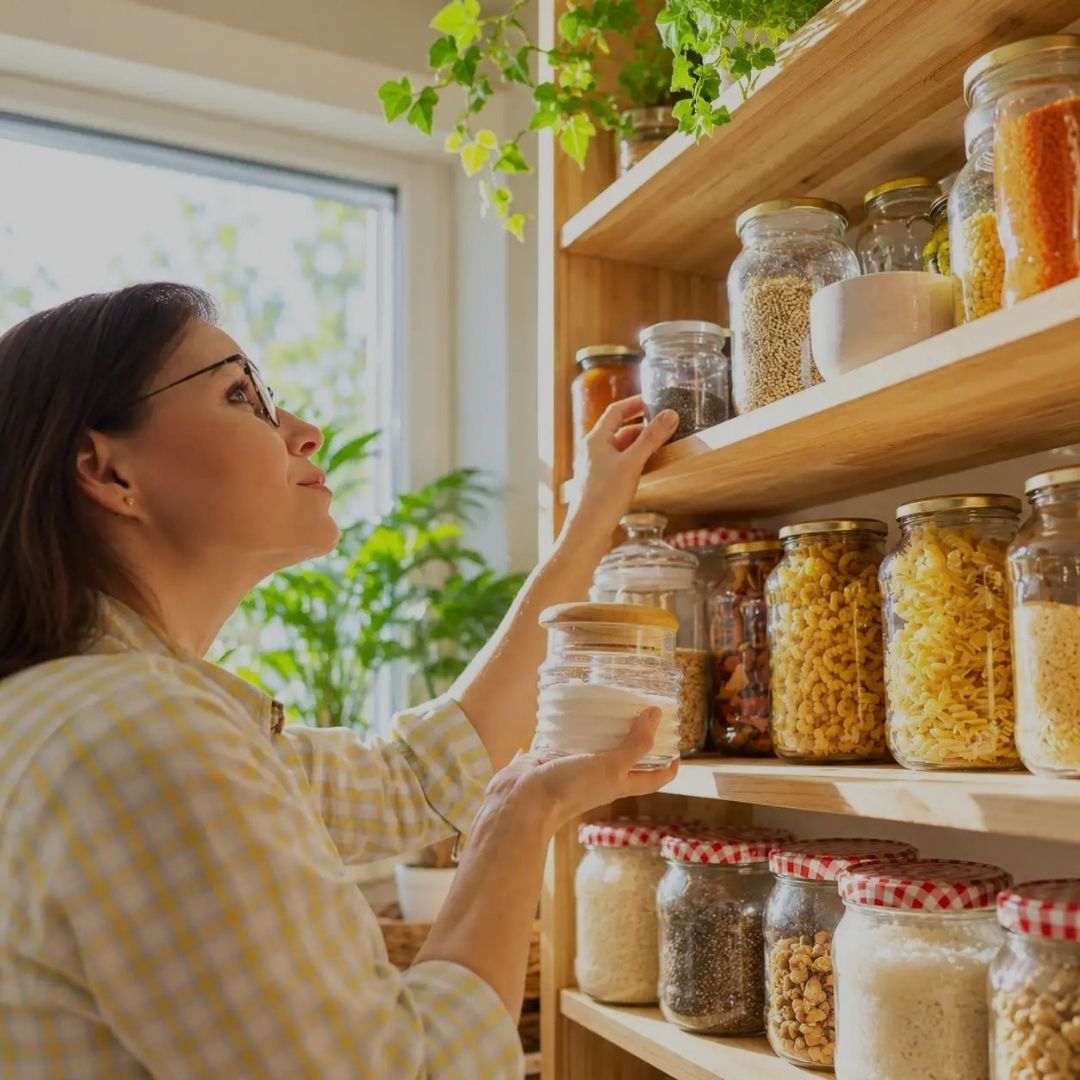 A woman with glasses and a yellow-and-white checkered shirt reaches for a jar on a wooden pantry shelf filled with glass jars of pasta, grains, and other pantry items.