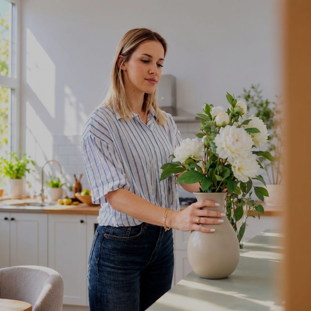 A woman in a blue and white striped shirt and dark jeans stands in a bright kitchen, holding a large beige ceramic vase filled with white peonies.
